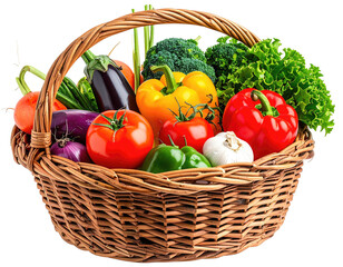 Wicker basket overflowing with vibrant fresh vegetables, on a clean, transparent background