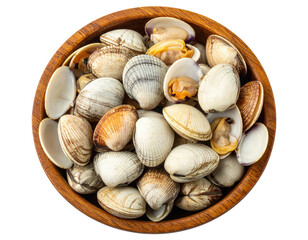 Overhead view of various clams, some open, in a round, wooden bowl on a black backdrop