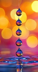 Waterdrops suspended, reflecting light on rippled surface