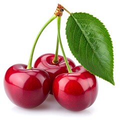 Three vibrant red cherries with a leaf