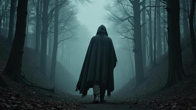 Eerie journey into the misty forest a cloaked figure ventures into the unknown for halloween. A spooky, foggy walk into the woods. Mystery unfolds.