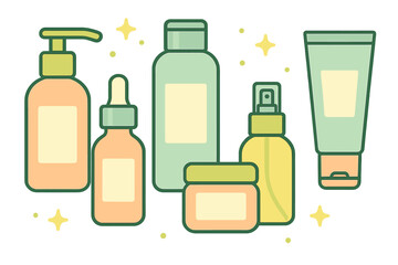 Collection of pastel skincare and cosmetic products