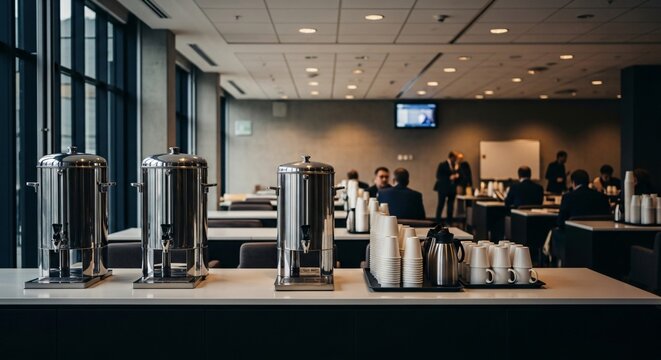 Conference Coffee Station with Stainless Steel Urns and People.