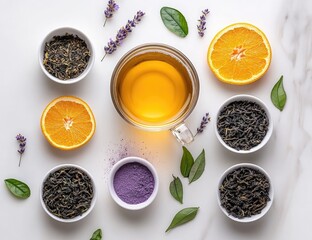 Warm tea with oranges, lavender, tea leaves, purple powder