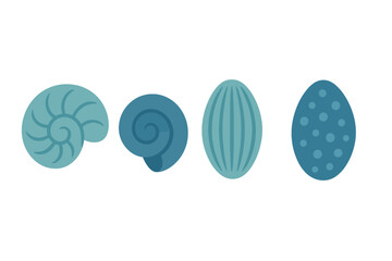 Stylized collection of sea shells in blue shades