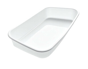 Empty, rectangular, white plastic container with rounded edges, isolated on black