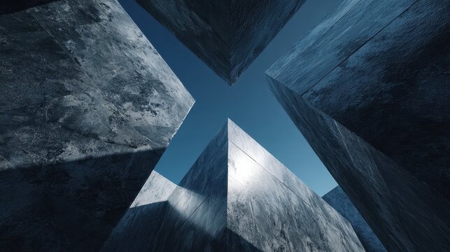 Abstract Architectural View Looking Up at Dark Concrete Structures and Blue Sky