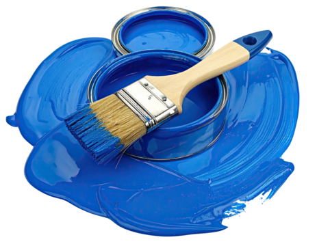 Blue paint and brush on a vivid stroke, with open can