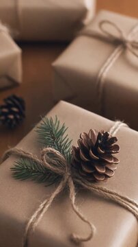 Close-up of a gift wrapped in brown paper with a pinecone and twine on a wooden surface