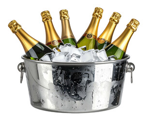 Six bubbly bottles chilled in a silver ice bucket, ready to be enjoyed