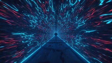 Abstract digital tunnel with neon blue and red light trails - Powered by Adobe