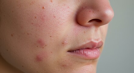 Fototapeta premium Close-up of a face with acne on grey background