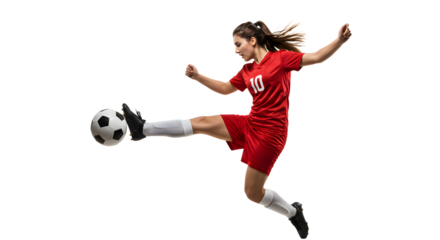Female soccer player in red uniform kicking a ball mid-air isolated on white background, action shot for sports and athletic themes