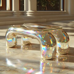 Iridescent table in a sunlit room