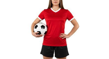 Female soccer player in red jersey holding a soccer ball standing confidently isolated on black background, perfect for sports and football content