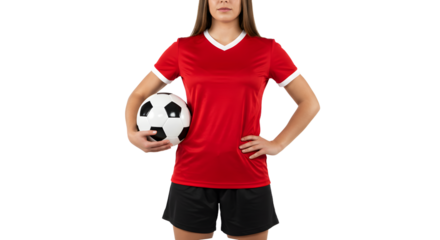 Female soccer player in red jersey holding a soccer ball standing confidently isolated on black background, perfect for sports and football content