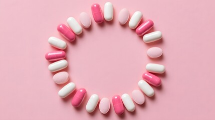 Obraz premium Colored pills and capsules are arranged in a circular pattern on a plain, light pink surface, forming a visually appealing composition that showcases medical supplies.