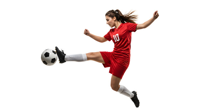 Female soccer player in red uniform kicking a ball mid-air isolated on white background, action shot for sports and athletic themes