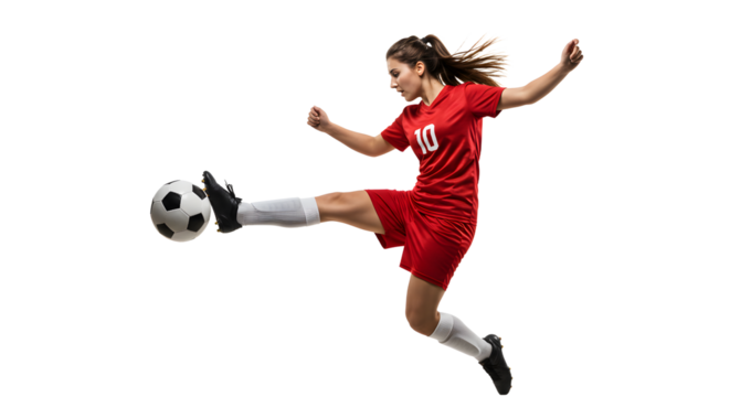 Female soccer player in red uniform kicking a ball mid-air isolated on white background, action shot for sports and athletic themes