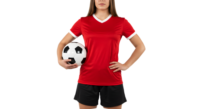 Female soccer player in red jersey holding a soccer ball standing confidently isolated on black background, perfect for sports and football content