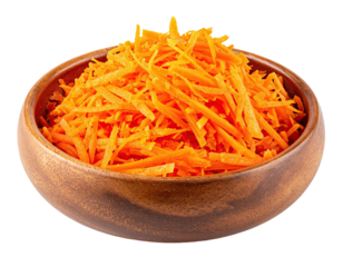 Close-up of shredded orange carrots inside a round, wooden bowl