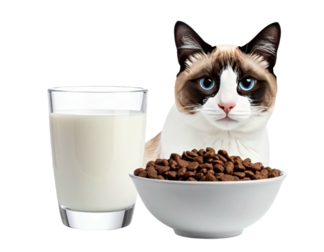 Cat with blue eyes, milk glass, and food bowl. A cute pet looking forward