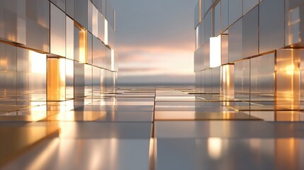 Modern Abstract Hallway with Golden and Silver Reflective Geometric Blocks