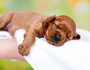 Tiny reddish-brown puppy sleeping peacefully on a soft white towel