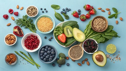 Vibrant display of healthy food choices featuring fruits, seeds, and grains arranged on a blue surface