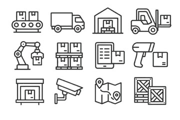 Obraz premium Stacked distribution route icon security icons workflow crates camera building vector conveyor