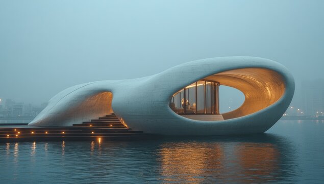 Curvilinear white building on water under hazy sky - Powered by Adobe
