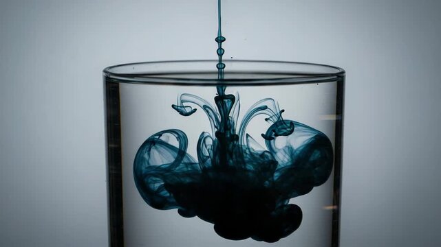 Blue ink swirling in glass of water against grey background  