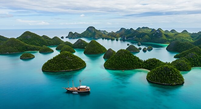 An aerial view captures a traditional boat navigating through a beautiful tropical archipelago with numerous lush green islands and clear turquoise waters