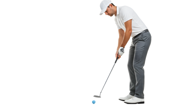 Male golfer putting golf ball on green isolated on white background, professional sportsman practicing golf swing, perfect for sports and outdoor themes