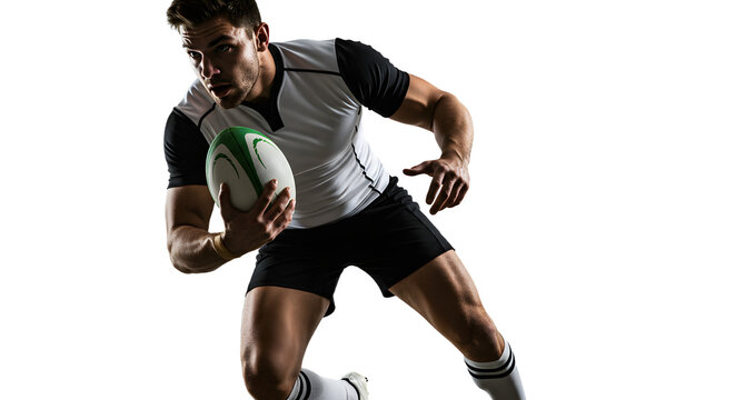 Male rugby player running with ball in action on black background, intense sports moment, perfect for athletic and team game projects - Powered by Adobe