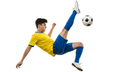 Male soccer player performing an acrobatic bicycle kick in yellow and blue uniform isolated on white, perfect for sports and football content