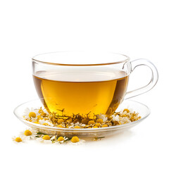 Herbal Chamomile Tea in Glass Cup with Blossoms &ndash; Relaxing Drink Concept