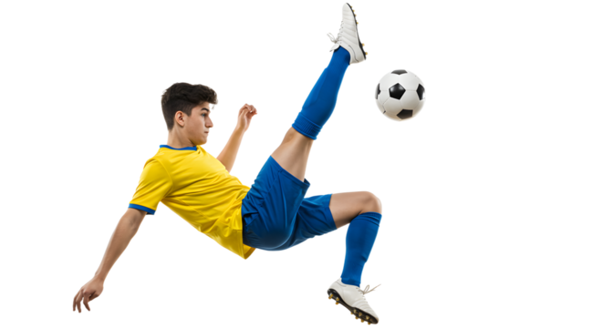 Male soccer player performing an acrobatic bicycle kick in yellow and blue uniform isolated on white, perfect for sports and football content