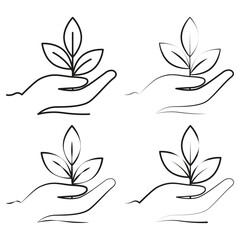 Hand-drawn illustration features a hand gently holding a small plant, symbolizing growth, care, and the importance of environmental sustainability in a minimalist style