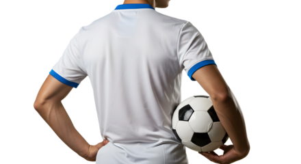 Person in white soccer jersey holding black and white soccer ball from behind, sports training or game action