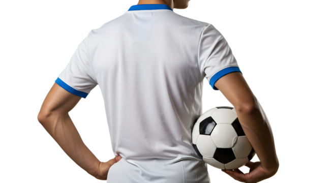 Person in white soccer jersey holding black and white soccer ball from behind, sports training or game action