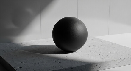 A black sphere sits on a concrete surface, illuminated by a soft light, creating a minimalist and modern composition
