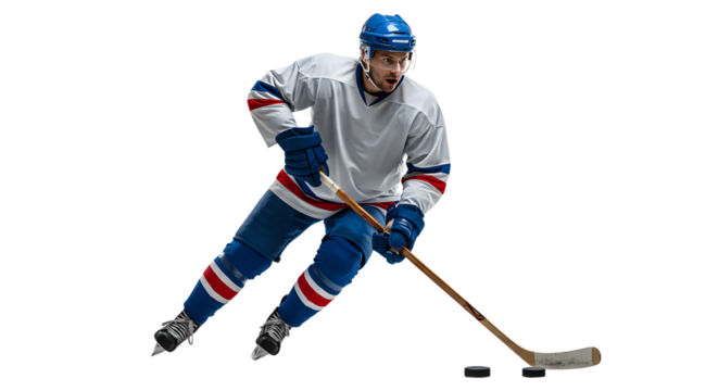 Ice hockey player in blue uniform skating and handling puck with stick on white background, perfect for sports and training content