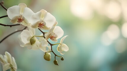 Obraz premium Elegant white orchids, displaying delicate petals and vibrant interior detail, extend from a branching stem against a soft, blurred background.