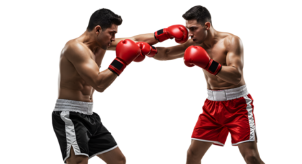 Two male boxers wearing red and black shorts with red gloves sparring in an intense boxing match, perfect for sports and fitness themes