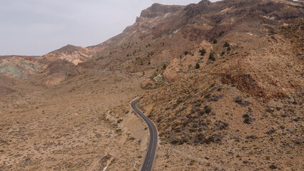 Car Driving on Volcanic Road, Aerial View in Tenerife, Canary Islands