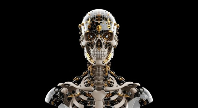Hyper-Realistic Android Skeleton with Gold and Chrome Details