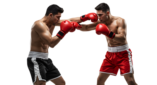 Two male boxers wearing red and black shorts with red gloves sparring in an intense boxing match, perfect for sports and fitness themes