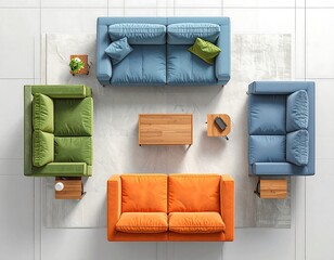Top-down view of colorful living room furniture