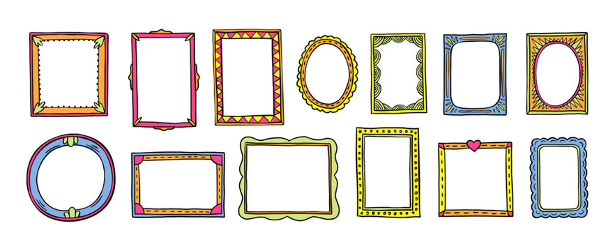 Doodle photo frames. Hand drawn picture vintage borders. Cute sketch retro photoframe for scrapbook, square and circle frame line decoration in kid drawn style. Vector isolated set
